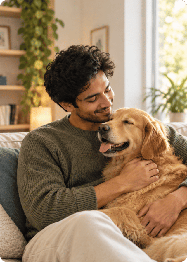 A pet parent relaxing at home with their golden retriever