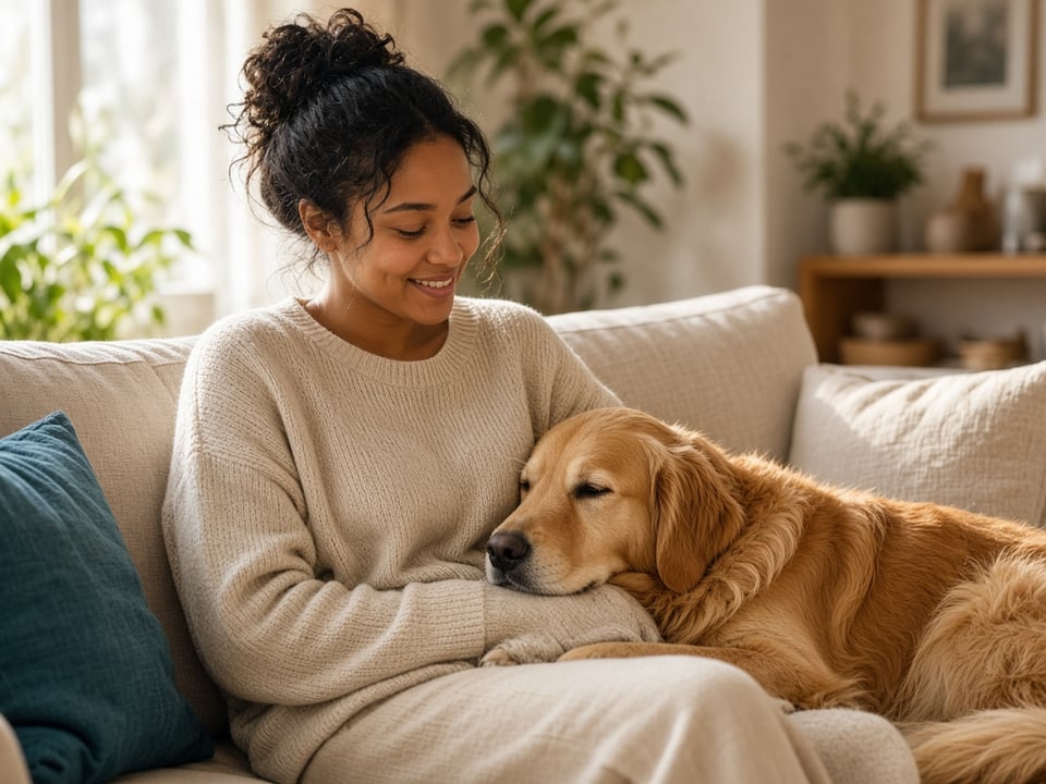 Person with golden retriever on couch