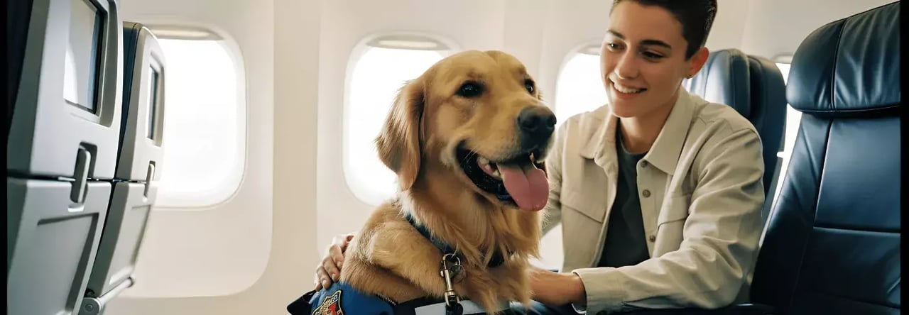 person flying with their service dog