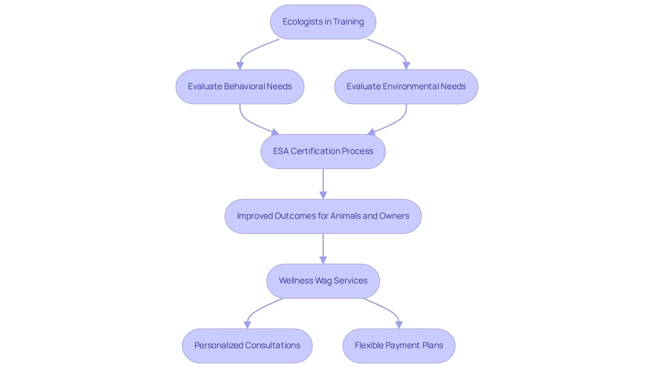 Follow the arrows to understand how ecologists contribute to evaluating animals for emotional support, leading to enhanced outcomes and tailored services from Wellness Wag. Follow the arrows to understand how ecologists contribute to evaluating animals for emotional support, leading to enhanced outcomes and tailored services from Wellness Wag.