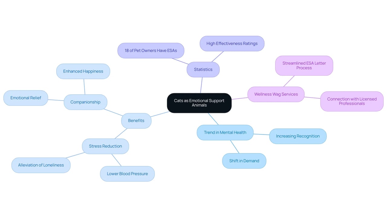 The center represents the main topic, while the branches illustrate the various benefits and services related to emotional support cats. Each section connects ideas to show how they contribute to the overall theme.
