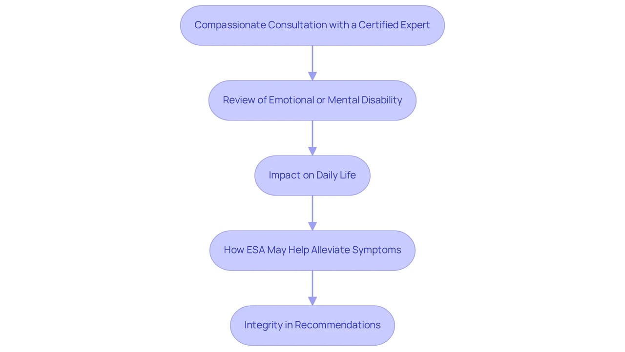 This flowchart outlines the steps to assess the need for an Emotional Support Animal. Start with the consultation and follow the arrows to understand each important stage. This flowchart outlines the steps to assess the need for an Emotional Support Animal. Start with the consultation and follow the arrows to understand each important stage.