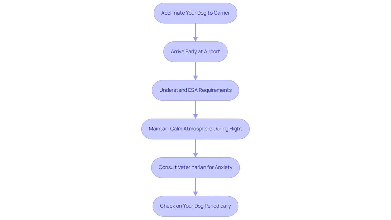 Each box represents a step to help your dog have a comfortable flight. Follow the arrows to see what to do at each stage of your journey! Each box represents a step to help your dog have a comfortable flight. Follow the arrows to see what to do at each stage of your journey!