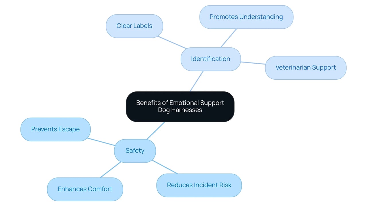 The center illustrates the overall benefits of emotional support dog harnesses, with branches showing specific advantages in safety and identification, making it easy to understand the various ways these harnesses support both dogs and their owners. The center illustrates the overall benefits of emotional support dog harnesses, with branches showing specific advantages in safety and identification, making it easy to understand the various ways these harnesses support both dogs and their owners.