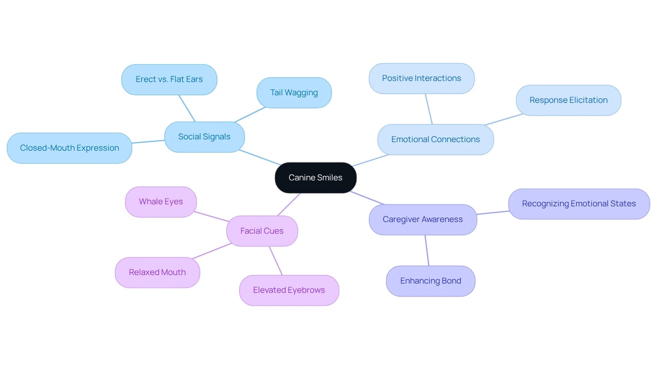 This mindmap starts with the main idea of canine smiles in the center, branching out into various related concepts. Each branch represents an important aspect of how dogs communicate emotions through their expressions. Follow the branches to explore the connections and gain insights into enhancing your relationship with your dog. This mindmap starts with the main idea of canine smiles in the center, branching out into various related concepts. Each branch represents an important aspect of how dogs communicate emotions through their expressions. Follow the branches to explore the connections and gain insights into enhancing your relationship with your dog.