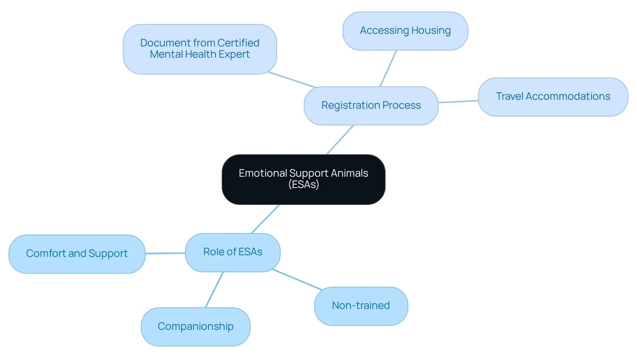 The central idea represents Emotional Support Animals, with branches showing their roles and the steps needed for registration. Follow the branches to explore how ESAs support individuals and what is required to register them.