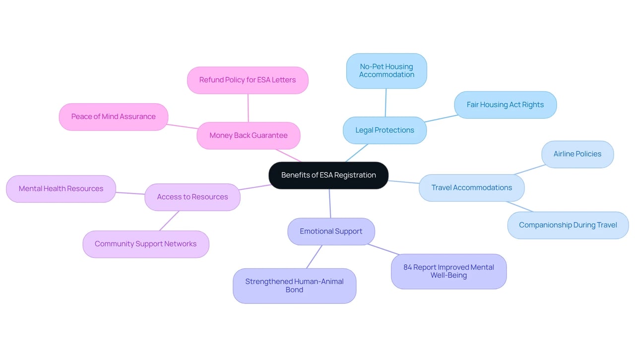 The central node represents the overall benefits of having an ESA. Each branch highlights a specific advantage, with subpoints providing additional information. The colors help differentiate each benefit, making it easy to follow. The central node represents the overall benefits of having an ESA. Each branch highlights a specific advantage, with subpoints providing additional information. The colors help differentiate each benefit, making it easy to follow.