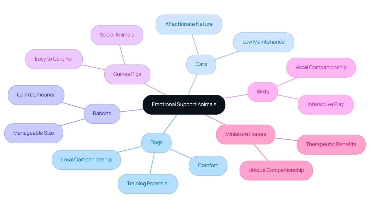 Start with the main idea of emotional support animals in the center. Each branch represents a different type of animal, and the sub-branches detail why they are suitable as ESAs. This structure helps you understand the variety of animals and their unique roles in providing emotional support. Start with the main idea of emotional support animals in the center. Each branch represents a different type of animal, and the sub-branches detail why they are suitable as ESAs. This structure helps you understand the variety of animals and their unique roles in providing emotional support.