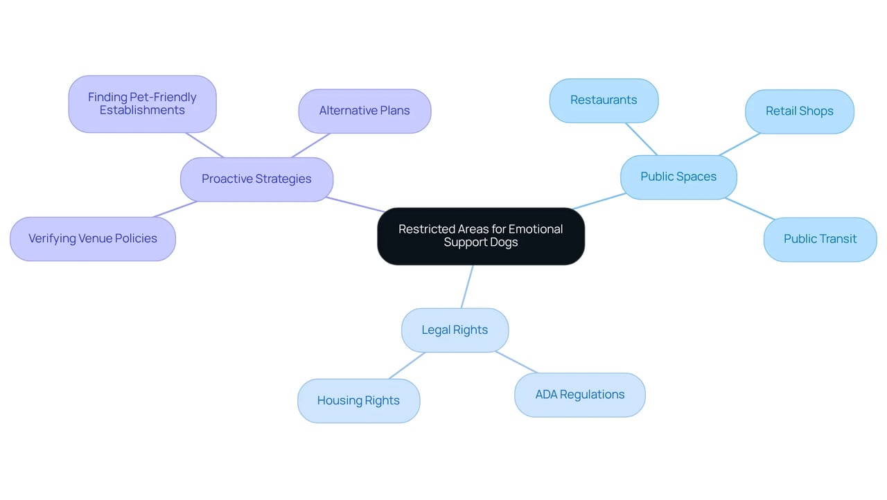 The center represents the main topic, and the branches show different aspects, such as where ESAs are restricted, legal considerations, and strategies for owners. Follow the branches to explore each area of concern and advice.