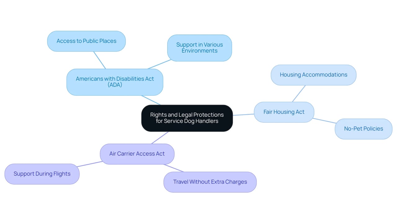 The central node represents the overall theme of rights for service dog handlers. Each branch represents a different law, and the sub-branches detail the specific protections that come with each law. This structure helps you see how laws relate to your rights. The central node represents the overall theme of rights for service dog handlers. Each branch represents a different law, and the sub-branches detail the specific protections that come with each law. This structure helps you see how laws relate to your rights.
