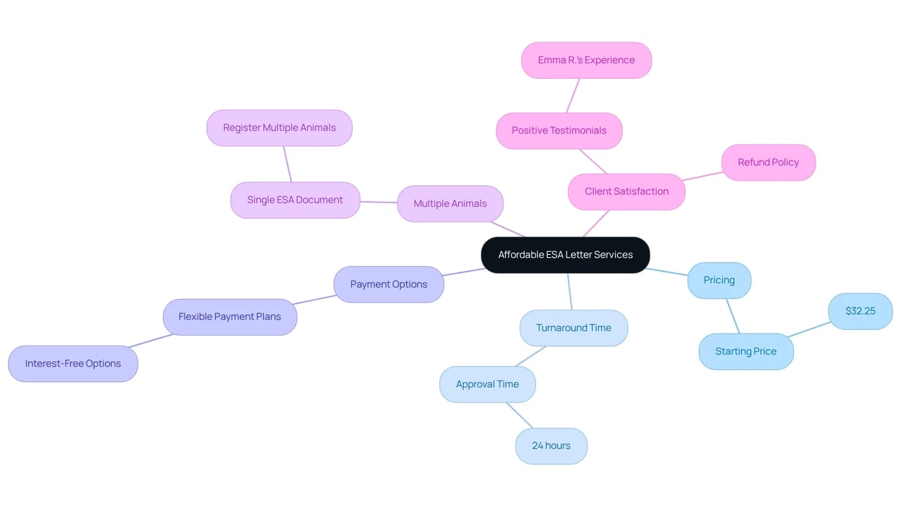 The center represents the main theme of affordability, with branches showing important details and benefits that support this theme. Each branch highlights a different aspect of the services offered.