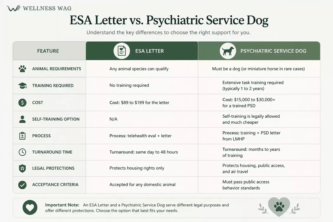 esa letter vs. psychiatric service dog cost
