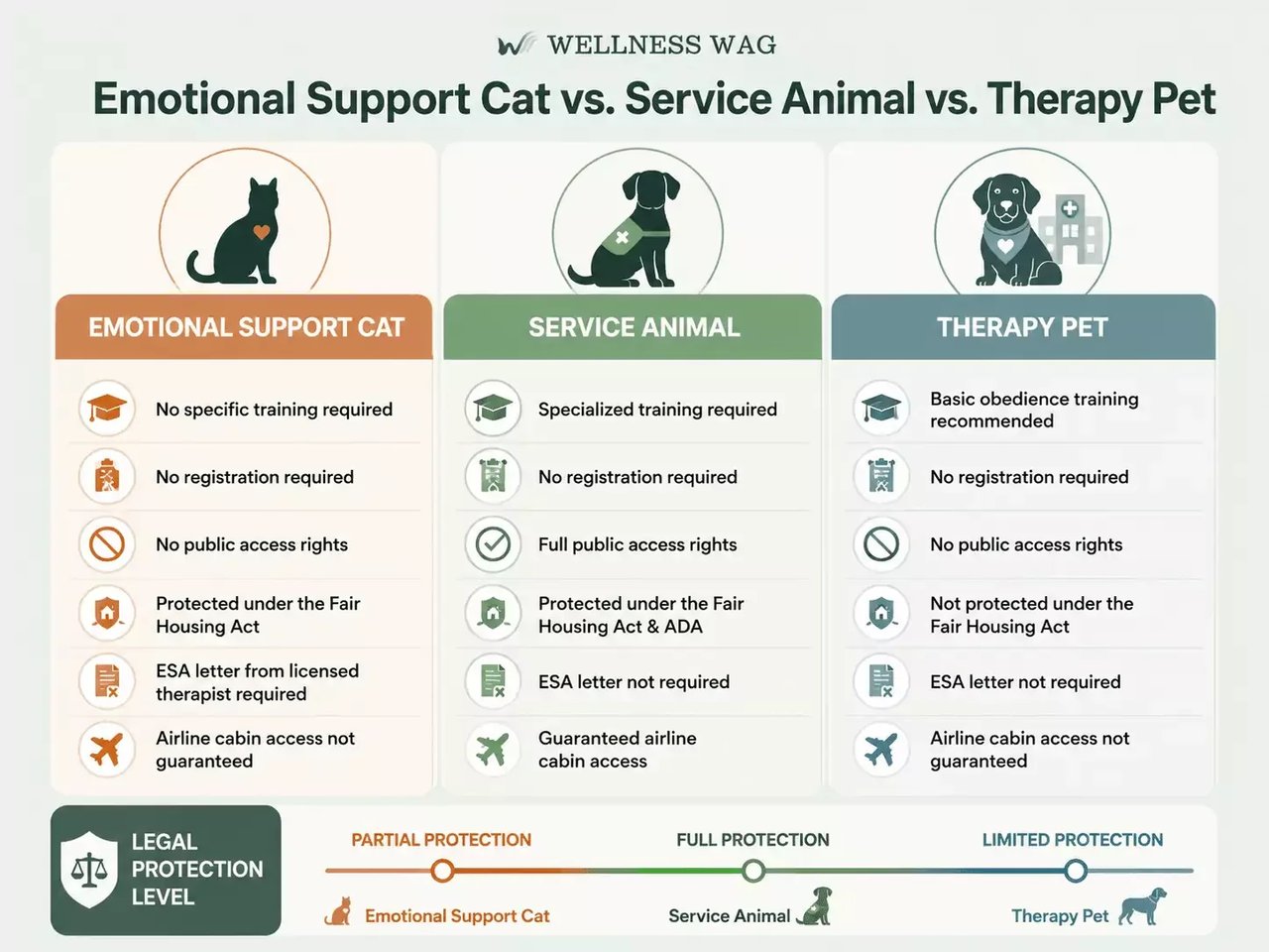 features of emotional support cat vs. service animal vs. therapy pet