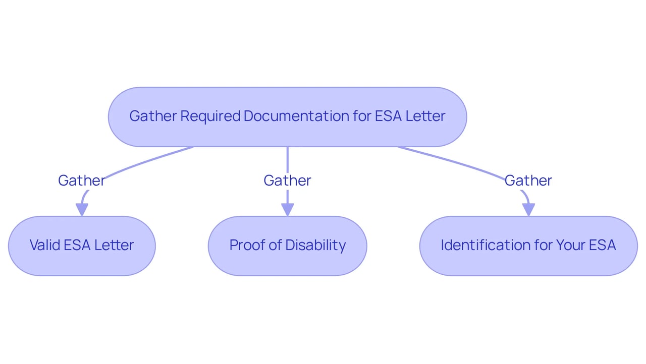 Follow the arrows to see the steps you need to take. Each box shows a piece of documentation you need to gather, making it clear what you must prepare for your ESA letter. Follow the arrows to see the steps you need to take. Each box shows a piece of documentation you need to gather, making it clear what you must prepare for your ESA letter.
