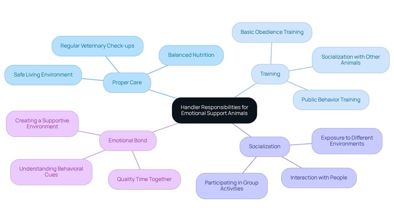 The central node represents the main focus on handler responsibilities, while the branches illustrate the key areas of care and connection that need attention. Each branch shows how handlers can nurture their relationship with their ESAs. The central node represents the main focus on handler responsibilities, while the branches illustrate the key areas of care and connection that need attention. Each branch shows how handlers can nurture their relationship with their ESAs.