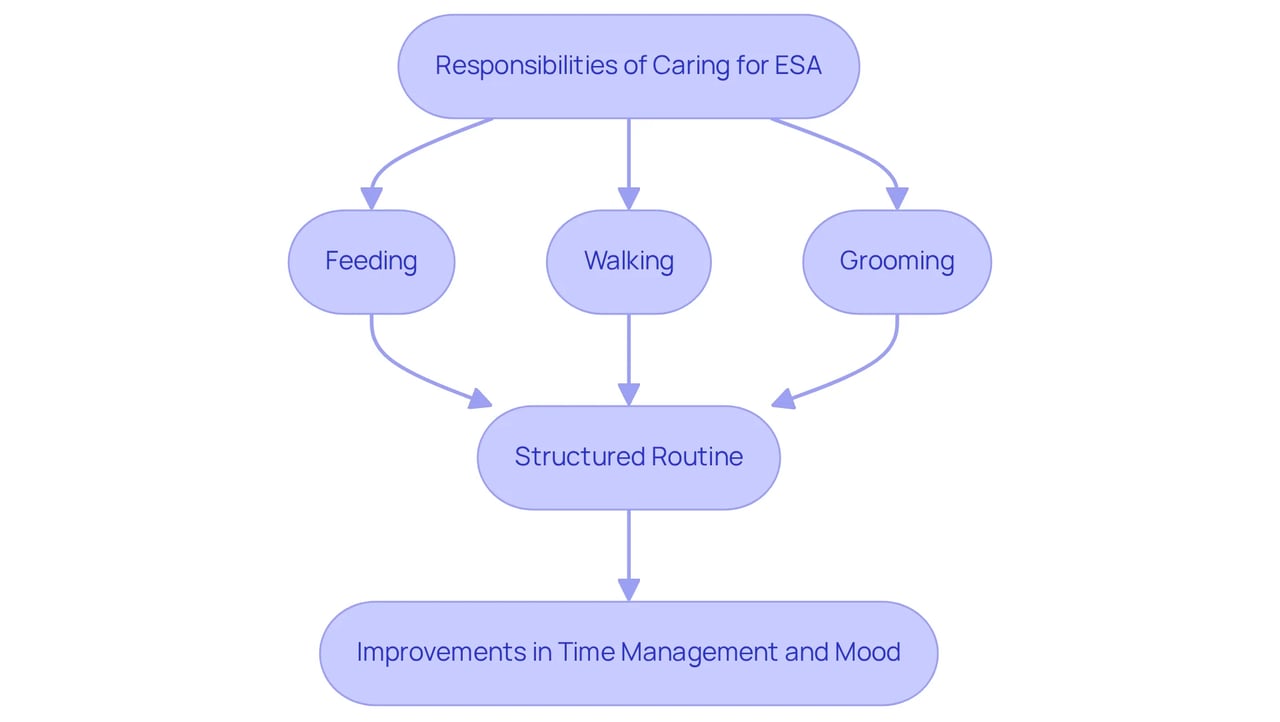 This flowchart shows how caring for an emotional support animal leads to a structured routine. Each responsibility (feeding, walking, grooming) contributes to creating order, which helps improve time management and mood for those with ADHD.