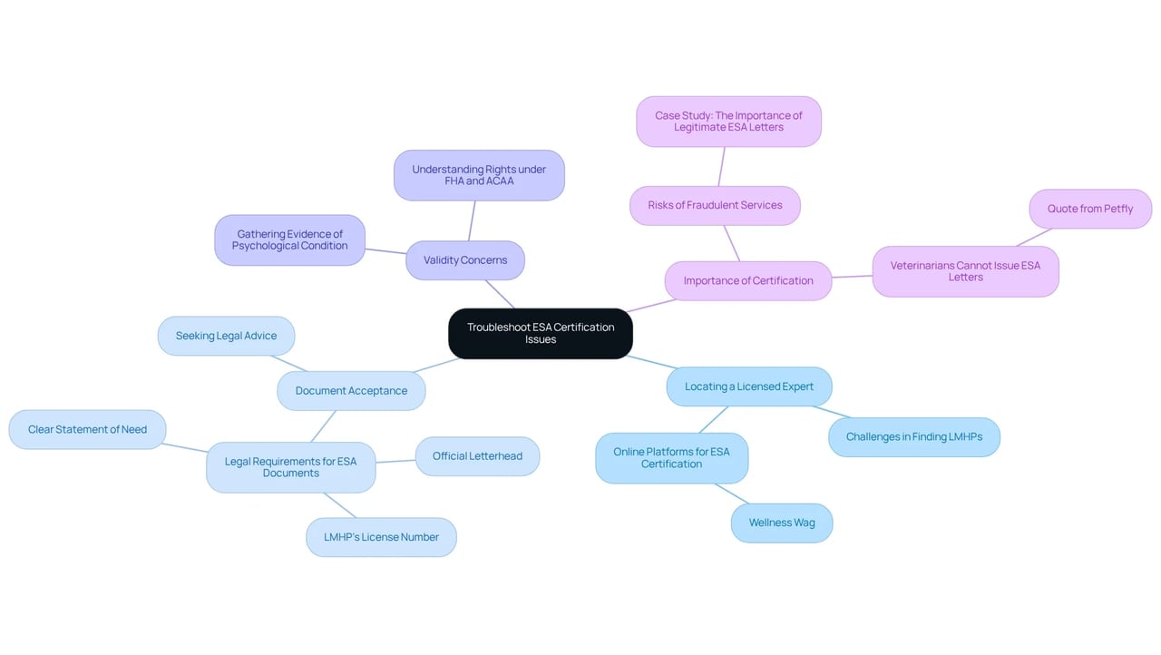 The center node presents the overarching theme. Each branch represents a common issue people face in the ESA certification process, with connected advice or solutions that help address those issues.