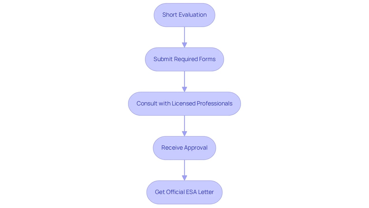 Each box represents a step in the journey to secure an ESA letter — follow the arrows to see how you progress from evaluation to receiving your letter. Each box represents a step in the journey to secure an ESA letter — follow the arrows to see how you progress from evaluation to receiving your letter.