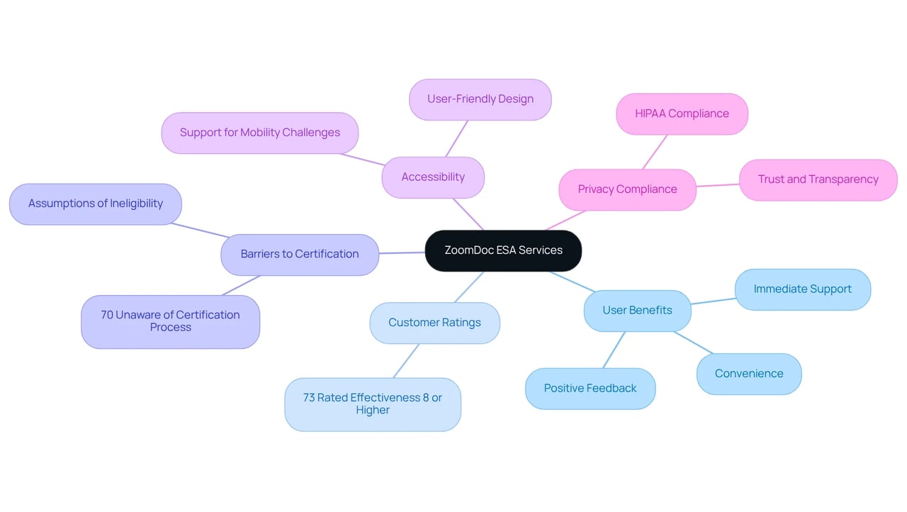 The central node represents ZoomDoc’s services, while the branches show different areas of focus like user benefits and barriers. Each color-coded branch helps you see how everything connects and highlights the importance of accessibility and user satisfaction.