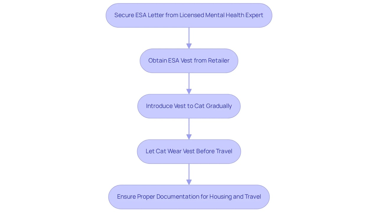 Each box represents a step in the process of getting an ESA vest for your cat. Follow the arrows to see the order of steps you need to take, from securing the ESA letter to ensuring proper documentation. Each box represents a step in the process of getting an ESA vest for your cat. Follow the arrows to see the order of steps you need to take, from securing the ESA letter to ensuring proper documentation.