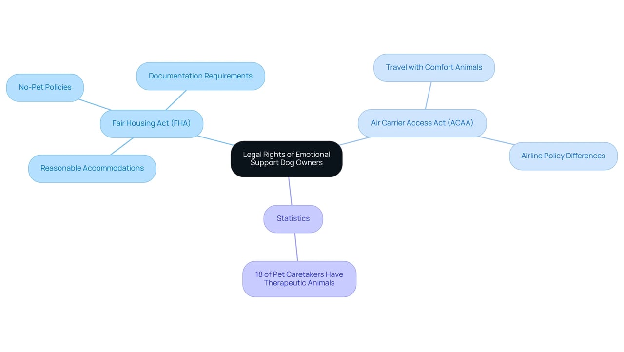 The center represents the overall topic of legal rights. The branches indicate the main laws and important related points, showing how they contribute to the understanding of rights for ESA owners. The center represents the overall topic of legal rights. The branches indicate the main laws and important related points, showing how they contribute to the understanding of rights for ESA owners.