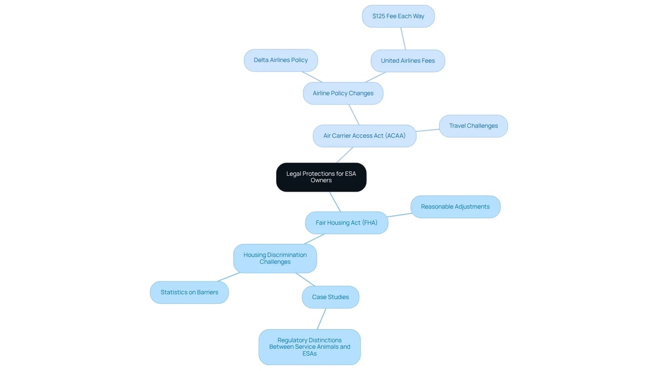 The central idea is the legal protections for ESA owners. Each branch represents a law or key concept, with sub-branches providing more detail. This layout helps you understand the connections and implications of each law.