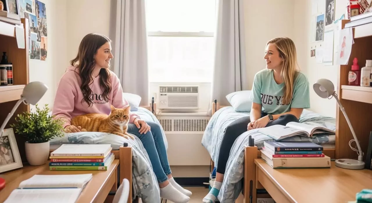 students in dorm room with emotional support cat