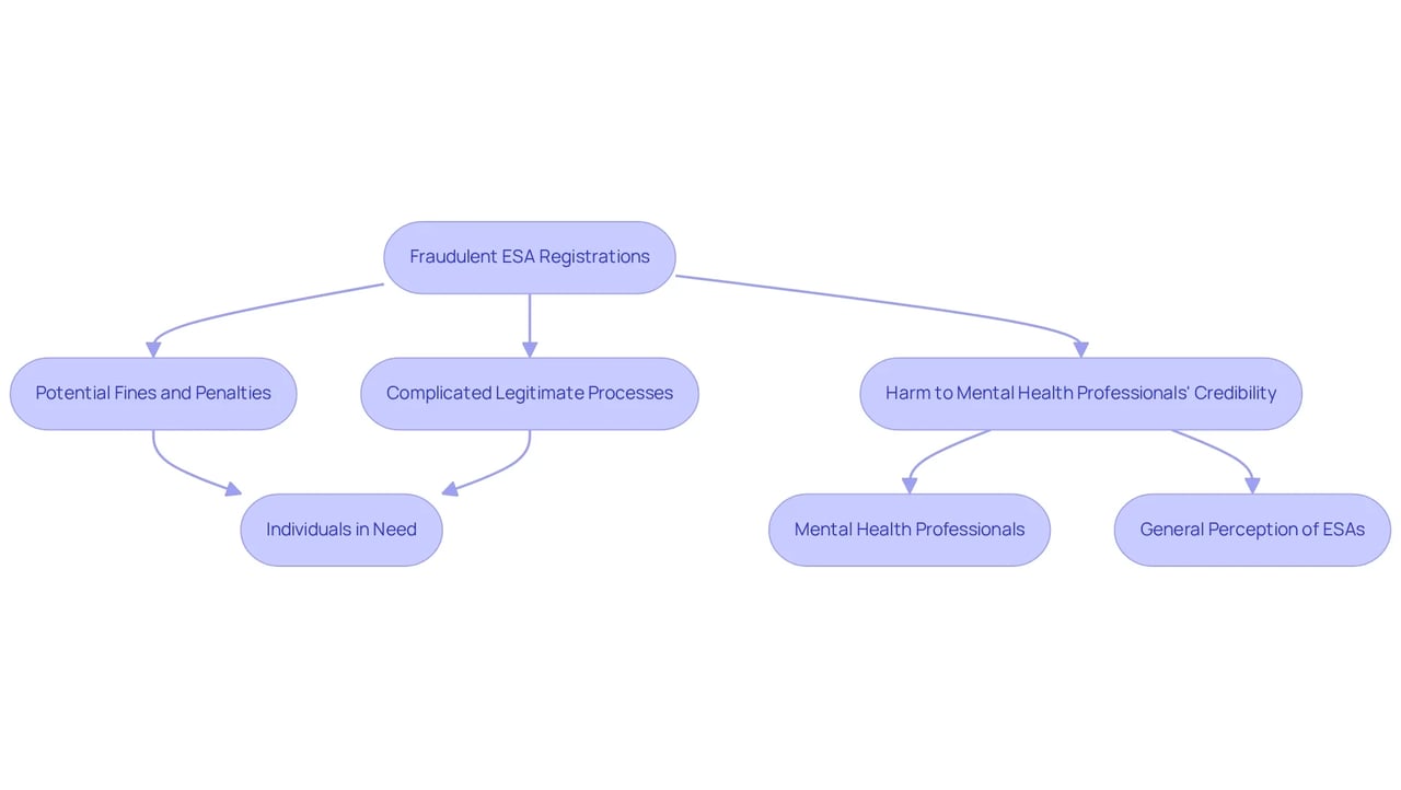 Follow the flow from fraudulent registrations to see how they impact various groups and lead to serious consequences. Each box represents a different issue or outcome affected by this fraud.