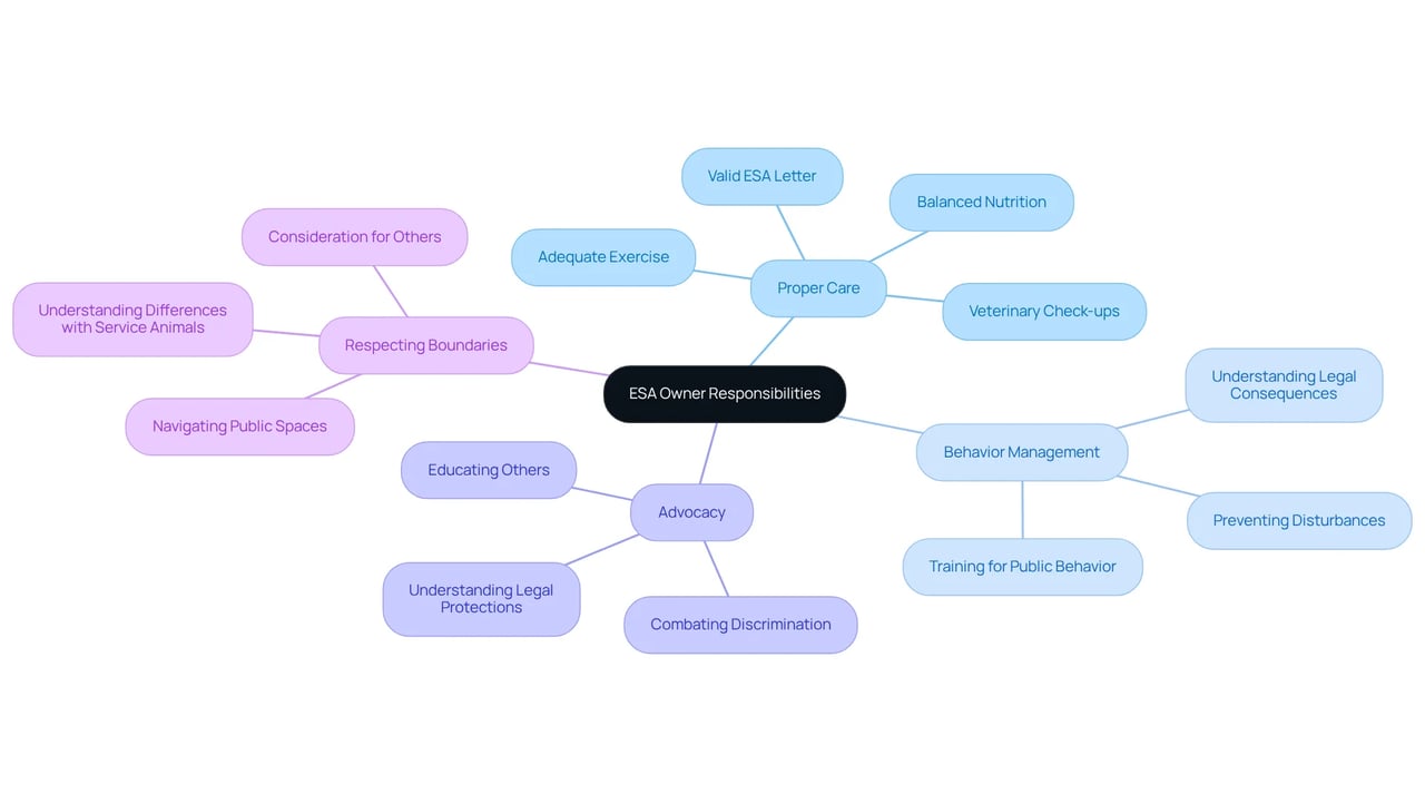 This mindmap illustrates the key responsibilities of ESA owners. The central node represents the main focus, while the branches show different areas of responsibility, each with important details to consider.