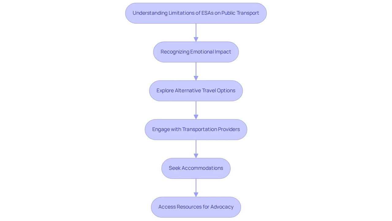 Each step guides you through the process of understanding and addressing the challenges of traveling with an emotional support animal. Follow the arrows for a clear path from recognizing the issue to finding supportive solutions.