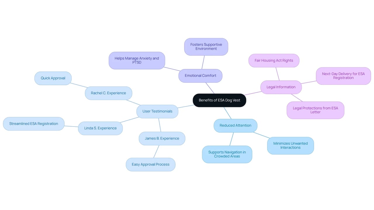 Start at the center with the main idea of how an ESA dog vest helps owners. Follow the branches to see different benefits, real-life experiences, and important legal notes that support the main theme.