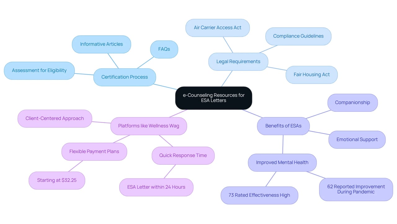 The center represents the overall theme of e-Counseling resources. Each branch indicates an important aspect related to obtaining ESA letters, making it easier to see how each topic connects to the main idea. The center represents the overall theme of e-Counseling resources. Each branch indicates an important aspect related to obtaining ESA letters, making it easier to see how each topic connects to the main idea.