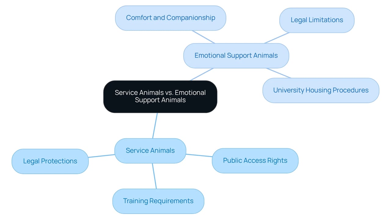 This mindmap shows the differences and similarities between service animals and emotional support animals. Each branch represents key areas of distinction, helping you see how these two types of assistance animals are defined and what rights they have. This mindmap shows the differences and similarities between service animals and emotional support animals. Each branch represents key areas of distinction, helping you see how these two types of assistance animals are defined and what rights they have.