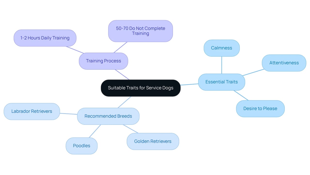 Start at the center with the main topic of service dog traits, then follow the branches to explore essential qualities, recommended breeds, and the training process. Each branch provides insights into what makes a great service dog.