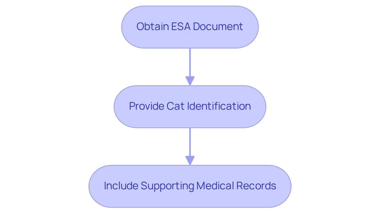 Each box represents a step in the documentation gathering process: 'Obtain ESA Document,' 'Provide Cat Identification,' and 'Include Supporting Medical Records.' Arrows indicate the sequence of steps. Each box represents a step in the documentation gathering process: 'Obtain ESA Document,' 'Provide Cat Identification,' and 'Include Supporting Medical Records.' Arrows indicate the sequence of steps.