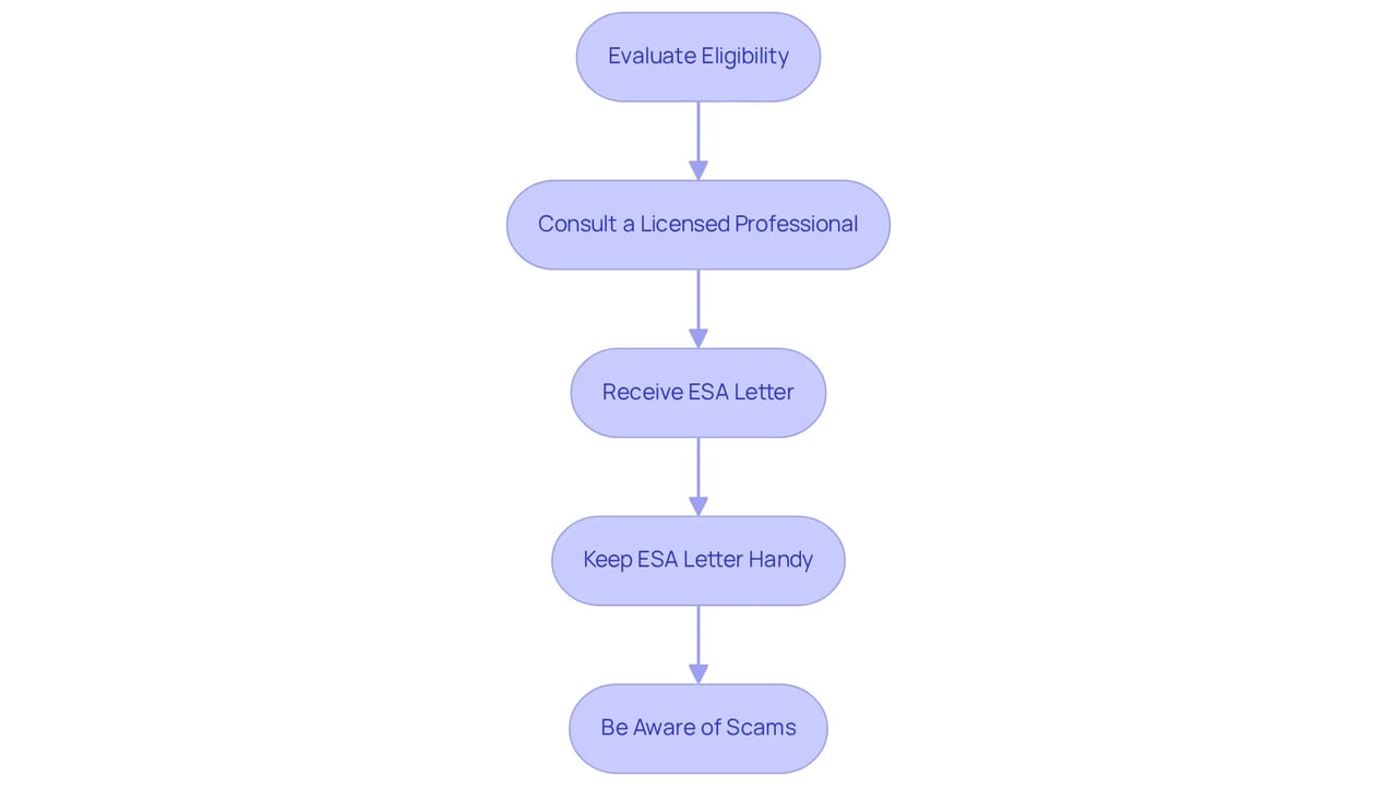 Each box represents a step in the journey to securing an ESA letter. Follow the arrows to understand the order of actions and remember to be cautious of scams along the way!