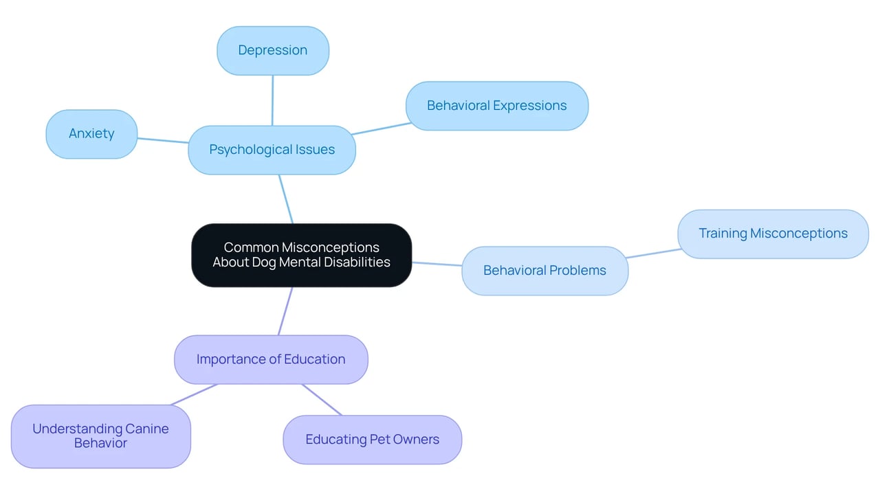 Begin at the center with the main topic, then explore branches that represent common misconceptions and their implications. Each color-coded section helps you see how these ideas connect to the overall understanding of dog mental disabilities.