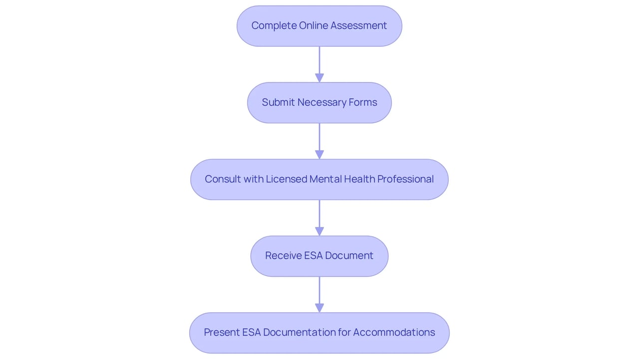 Each box is a step in the process of getting your ESA letter. Follow the arrows to see how you progress from one step to the next until you have the necessary documentation for your emotional support animal.