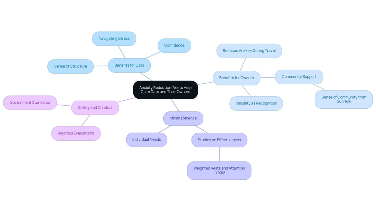 The central idea is how vests help reduce anxiety. Each branch explores a different aspect: benefits for the cats, benefits for the owners, the mixed evidence surrounding the garments, and the importance of safety. Follow the branches to understand the full picture!