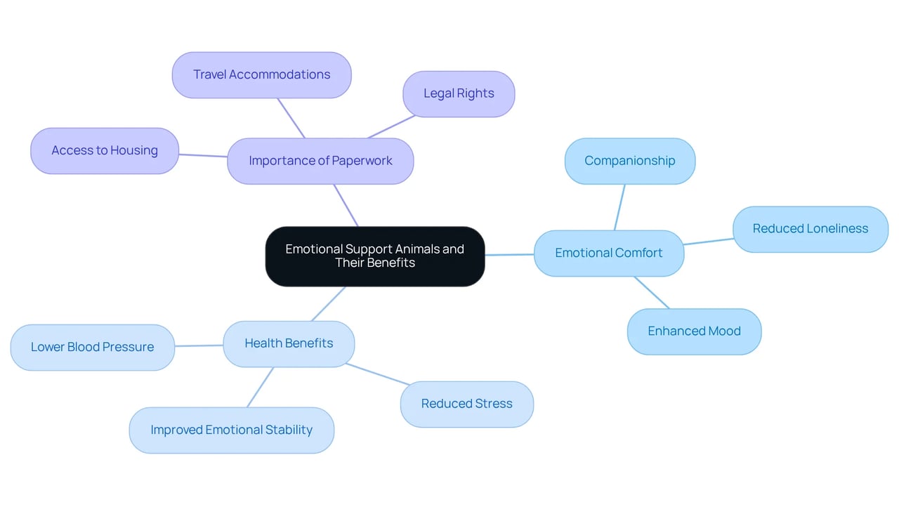 The central idea is surrounded by branches that show various benefits and aspects of ESAs. Each branch explains a different area, helping you understand how ESAs can positively impact emotional well-being. The central idea is surrounded by branches that show various benefits and aspects of ESAs. Each branch explains a different area, helping you understand how ESAs can positively impact emotional well-being.