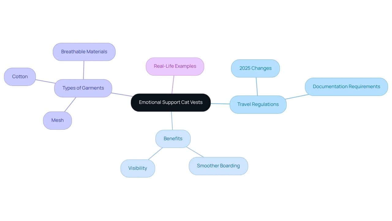 The central idea is the emotional support cat vest. Follow the branches to explore regulations, benefits, types of garments, and real-life experiences. Each color represents a different category of information, making it easy to navigate.