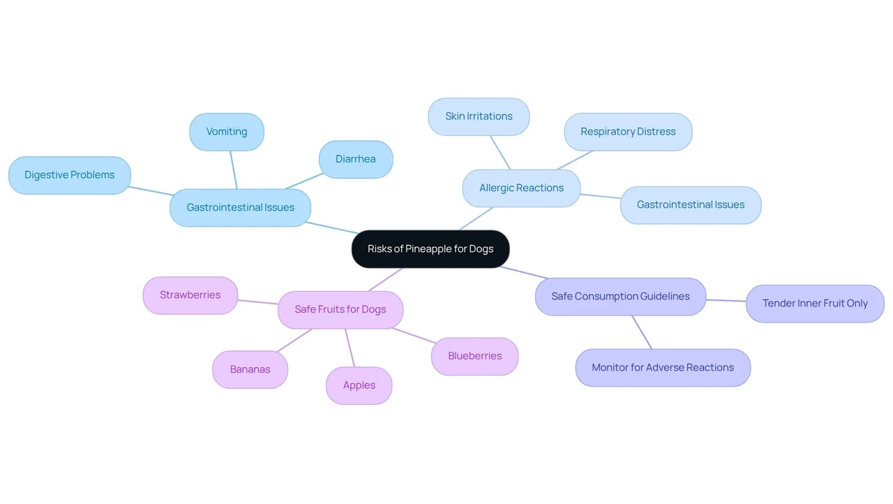 This mindmap starts with the central idea of pineapple risks for dogs, branching out to show specific dangers and safe practices, along with alternative fruits that can be enjoyed. Each branch highlights important points to consider for keeping your furry friend healthy.