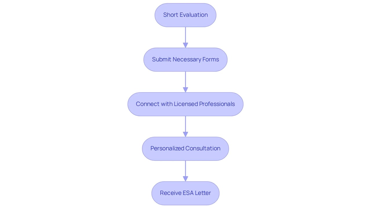 Follow the arrows through the boxes to see each step in the process of applying for an ESA letter. Each box represents what you need to do at that stage — from evaluation to receiving your letter.