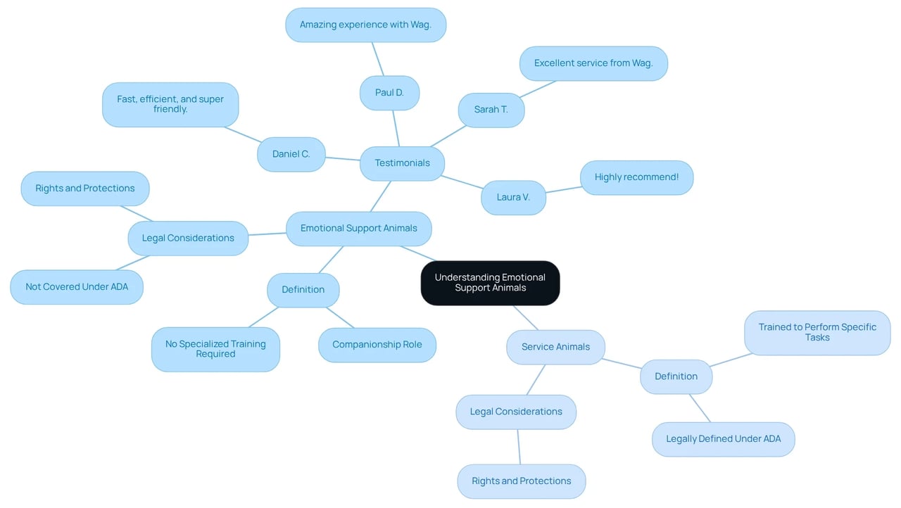 The central node represents the topic of ESAs, with blue branches for Emotional Support Animals and green for Service Animals, detailing their definitions and differences. The central node represents the topic of ESAs, with blue branches for Emotional Support Animals and green for Service Animals, detailing their definitions and differences.