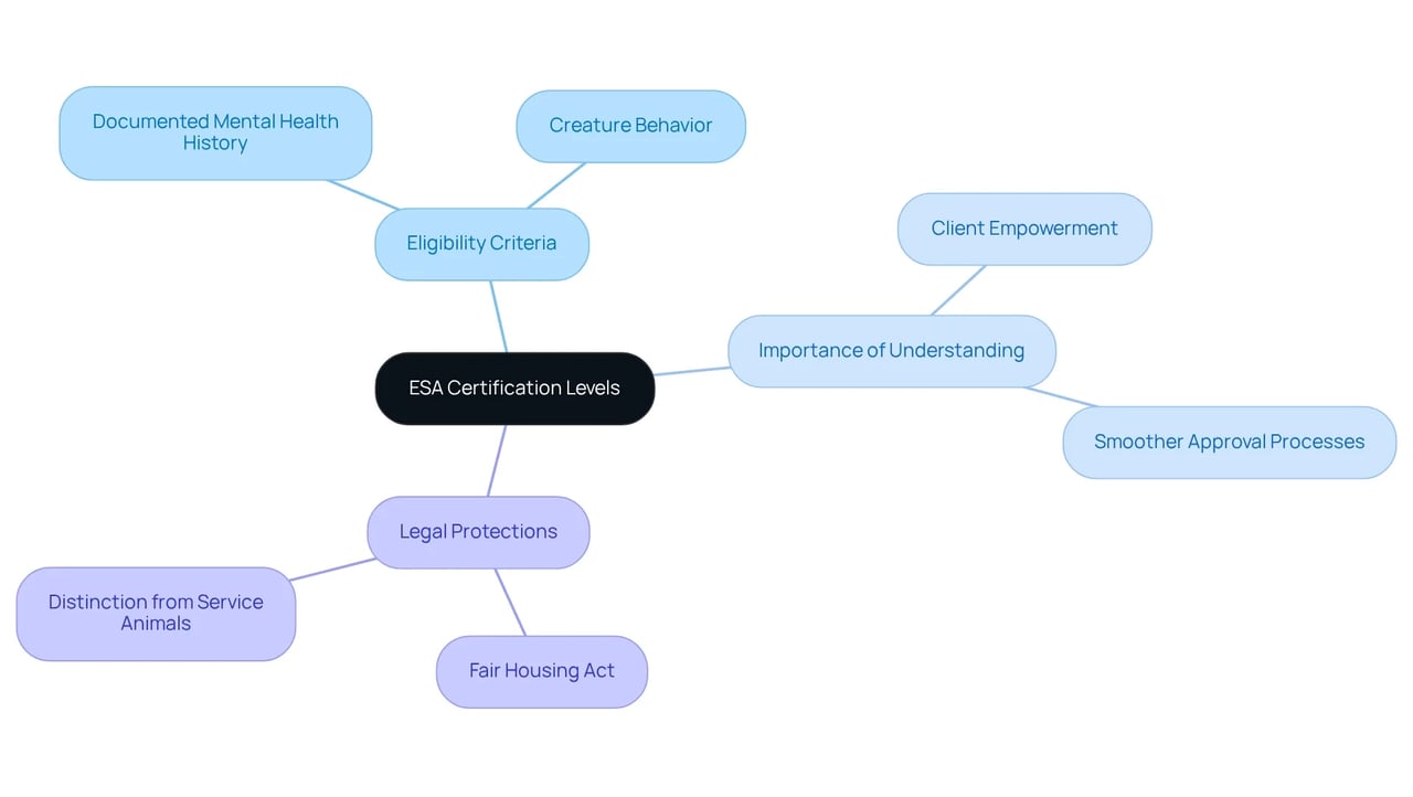 The center represents the main topic of ESA certification. Follow the branches to explore the various eligibility criteria and understand what is needed for different certification levels. The center represents the main topic of ESA certification. Follow the branches to explore the various eligibility criteria and understand what is needed for different certification levels.
