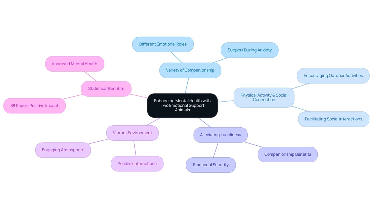 The central node represents the main topic; each branch shows a different benefit or aspect of having two emotional support animals, with sub-nodes providing further details and examples.