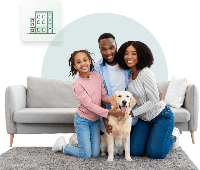 Family with their dog on the sofa