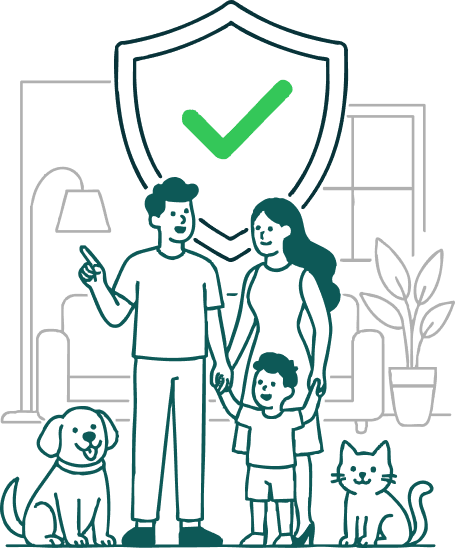 Family with pets under a protection shield