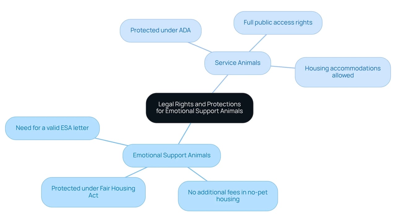 Blue branches represent Emotional Support Animals, while green branches represent Service Animals, highlighting their respective rights and protections.