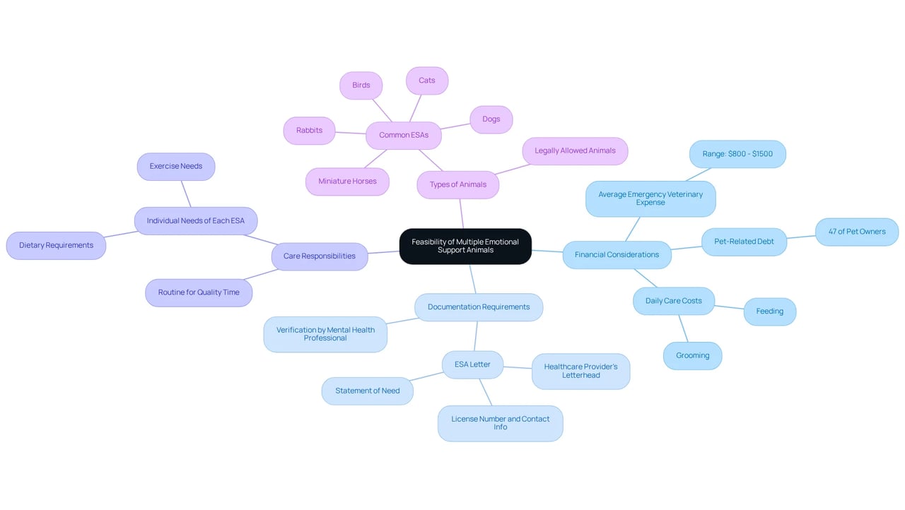 The central node represents the main question, while branches show the key factors to think about when deciding if you can have multiple emotional support animals. Each color-coded branch makes it easy to follow the various aspects of ownership.
